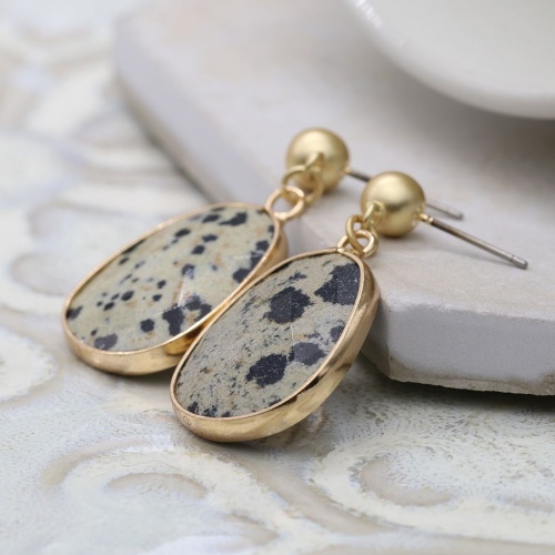 Golden Drop Earrings with Dalmatian Jasper Stone by Peace of Mind